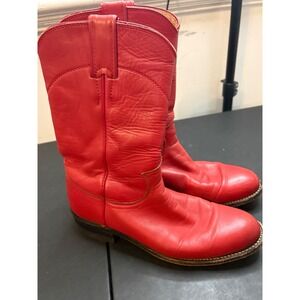 Justin Red Leather Roper Boots Vintage USA Made Round Toe Western Womens 5.5B